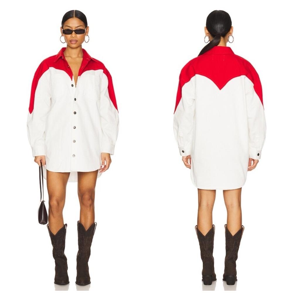 FIORUCCI Heart Denim Shirt Dress in Red & White Size 38
